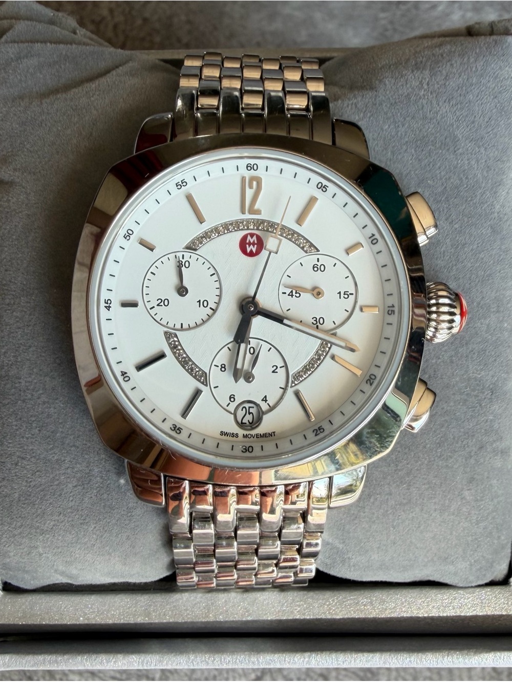 Michele Silver-Tone Stainless Steel Chronograph Watch with White Dial - Picture 5 of 12
